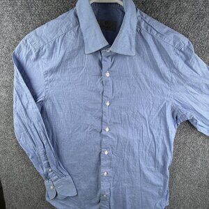 Canali Italy Button Up Shirt Men Long Sleeve Blue Houndstooth Size 15 Small